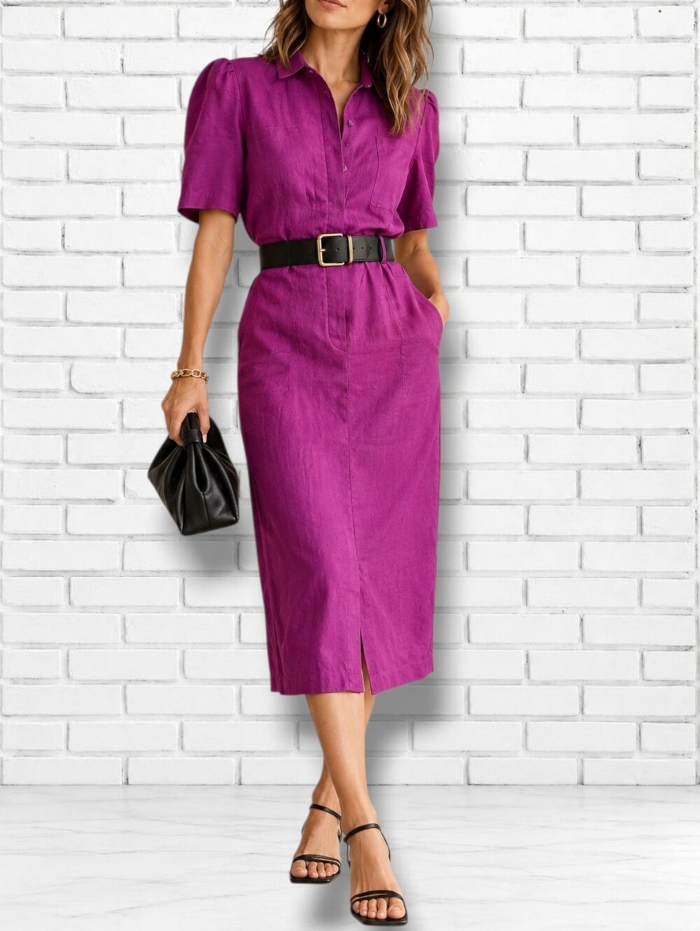 Vintage 80s Liz Claiborne Size 4 Purple Linen Button Down Tee Shirt Midi Dress